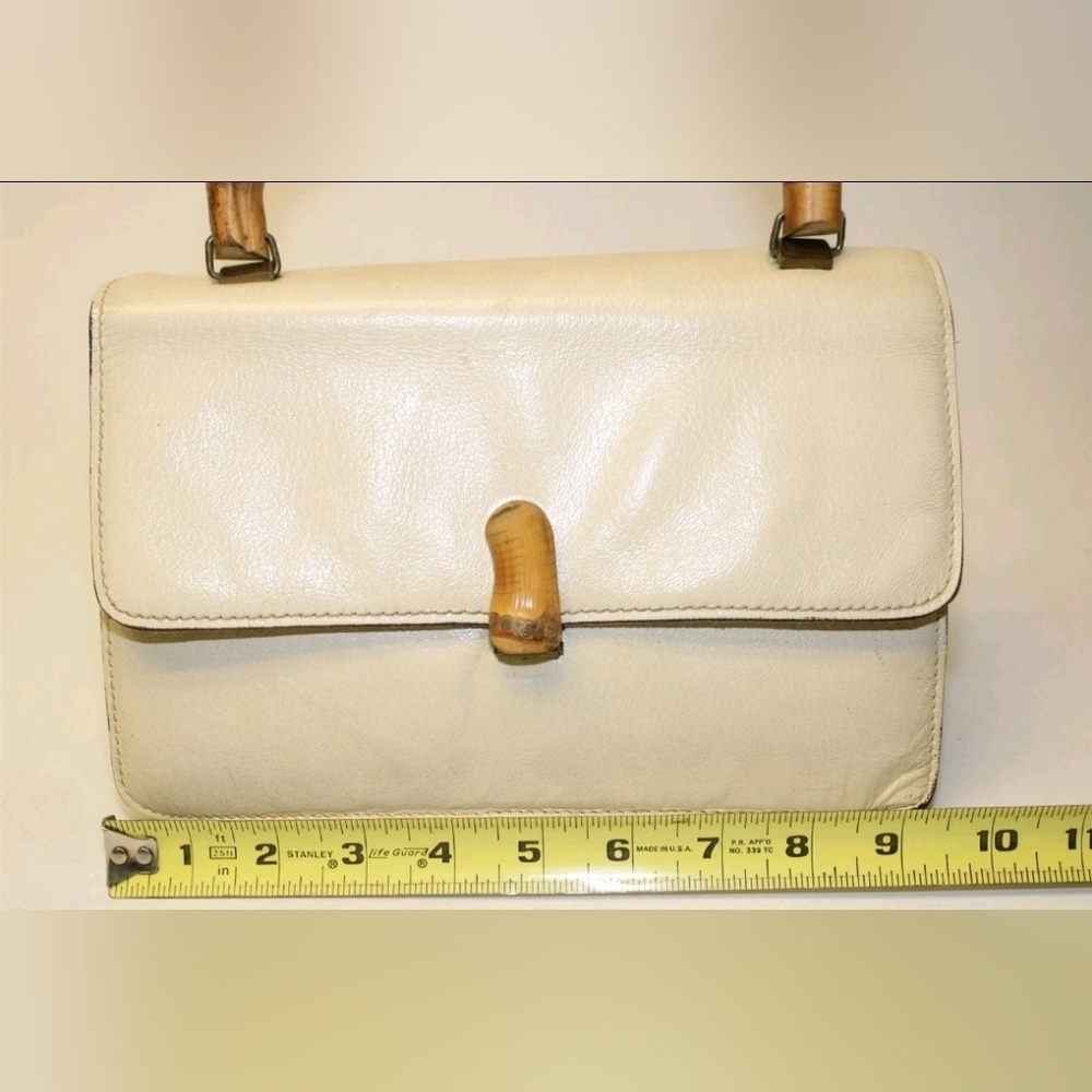 Calderon Vintage Womens Petite Ivory Leather Suede Bamboo Handle Satchel Bag - Picture 6 of 14